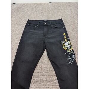 Ed Hardy Black Embroidered Denim Jeans Mens Size 34x32